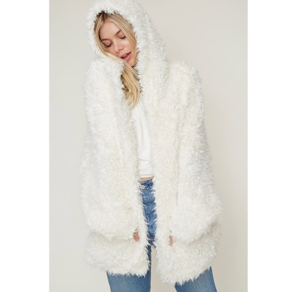 Ivory Faux Fur Sherpa Hoodie Jacket Cardigan Coat - Picture 3 of 7